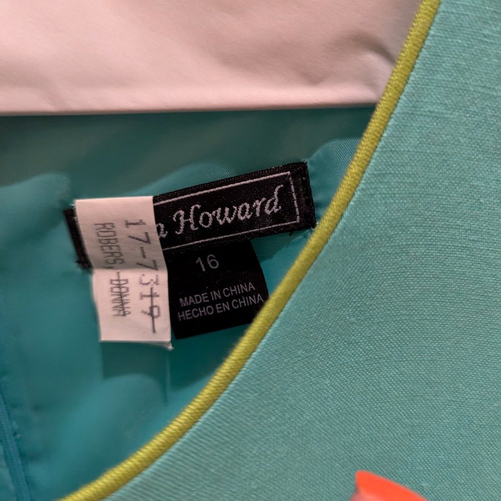 Blue dress with green trim